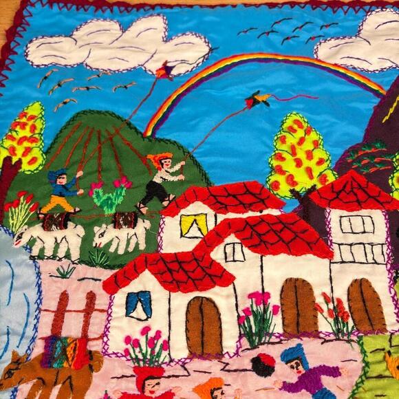 Boho Arpillera Wall Hanging from Peru Appliqué – 3D Village Hand Embroidered - Picture 2 of 7